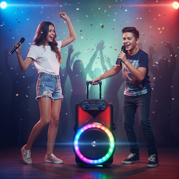 Караоке тонколона 12" BT-1218 с Bluetooth, цветомузика и 2 безжични микрофона – 2000W мощност за истинско парти