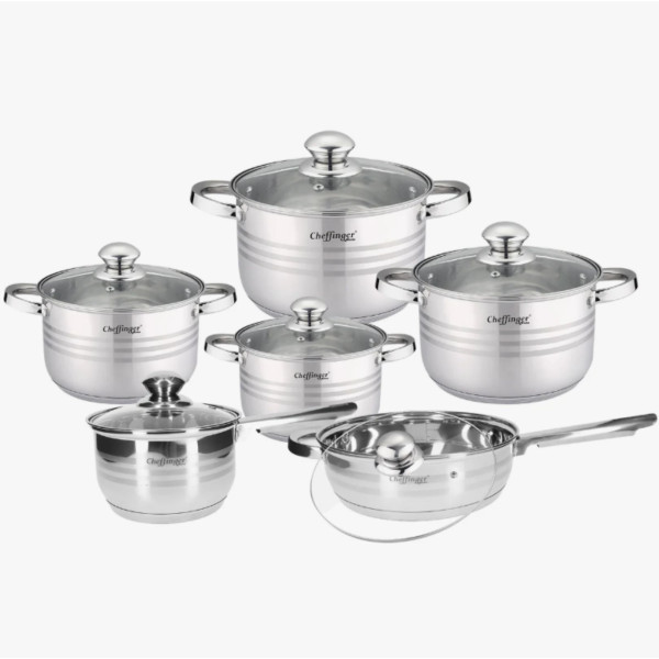 Комплект съдове за готвене, Cheffinger, 12 части, неръждаема стомана, за всички видове котлони, 3-слойно незалепващо покритие 2