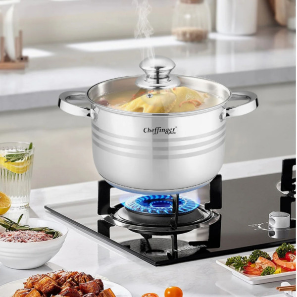 Комплект съдове за готвене, Cheffinger, 12 части, неръждаема стомана, за всички видове котлони, 3-слойно незалепващо покритие 3