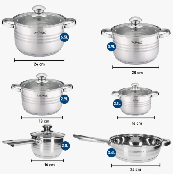 Комплект съдове за готвене, Cheffinger, 12 части, неръждаема стомана, за всички видове котлони, 3-слойно незалепващо покритие