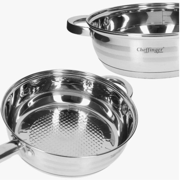 Комплект съдове за готвене, Cheffinger, 12 части, неръждаема стомана, за всички видове котлони, 3-слойно незалепващо покритие 5