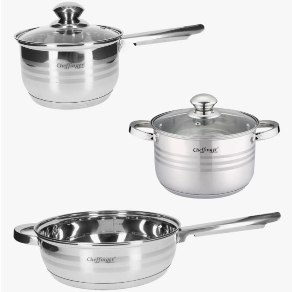 Комплект съдове за готвене, Cheffinger, 12 части, неръждаема стомана, за всички видове котлони, 3-слойно незалепващо покритие
