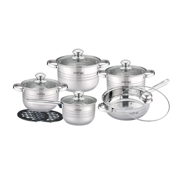 Комплект съдове за готвене, Cheffinger, 12 части, неръждаема стомана, за всички видове котлони, 3-слойно незалепващо покритие 1