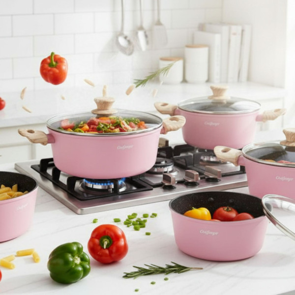 Cheffinger - Розов комплект тенджери, с мраморно покритие, здравословно готвене без залепване 1