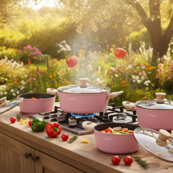 Cheffinger - Розов комплект тенджери, с мраморно покритие, здравословно готвене без залепване