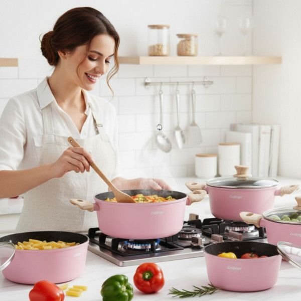 Cheffinger - Розов комплект тенджери, с мраморно покритие, здравословно готвене без залепване 3