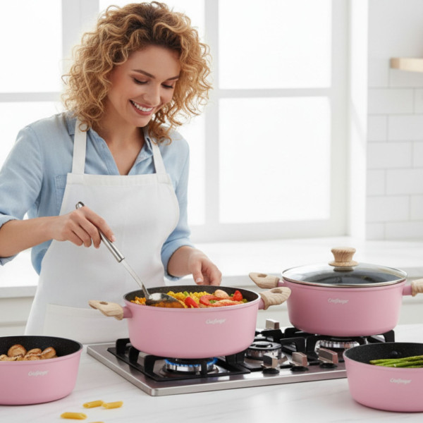 Cheffinger - Розов комплект тенджери, с мраморно покритие, здравословно готвене без залепване 4