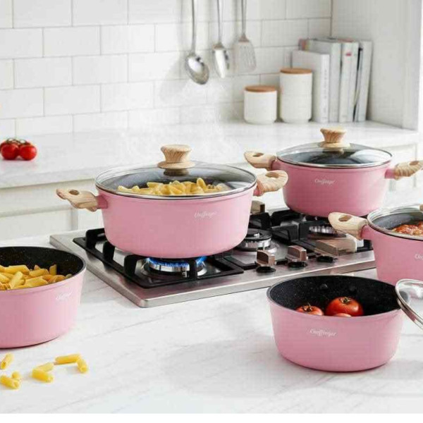 Cheffinger - Розов комплект тенджери, с мраморно покритие, здравословно готвене без залепване