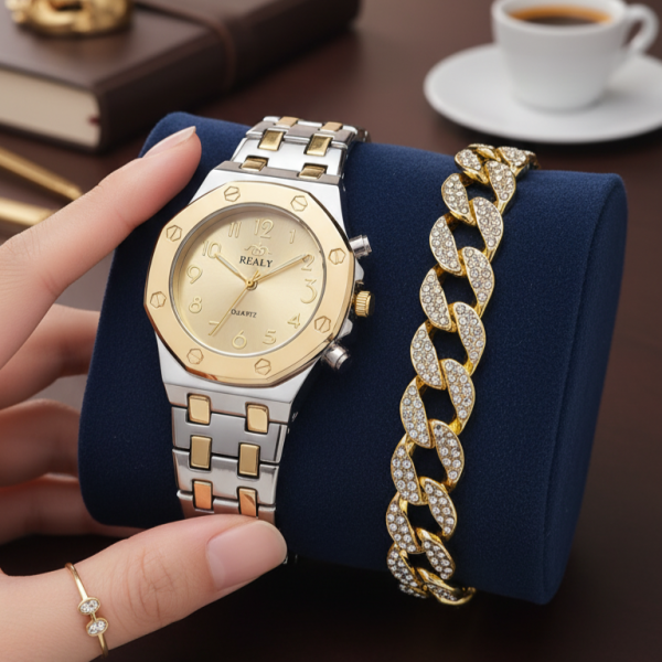 Модерен унисекс часовник със златист циферблат и блестяща гривна