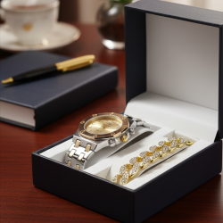 Модерен унисекс часовник със златист циферблат и блестяща гривна