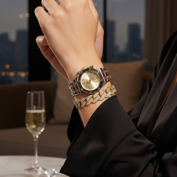 Модерен унисекс часовник със златист циферблат и блестяща гривна