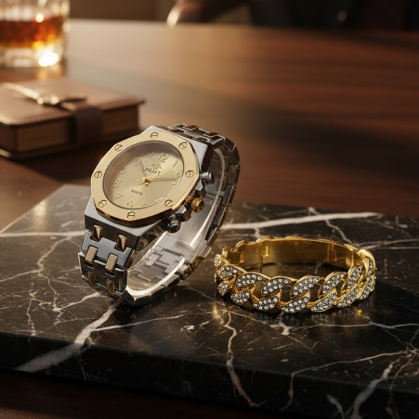 Модерен унисекс часовник със златист циферблат и блестяща гривна