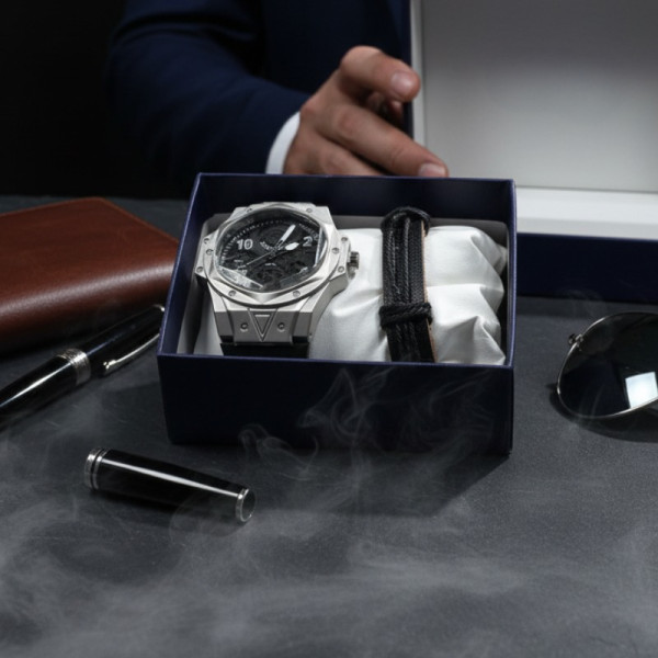 Мъжки подаръчен комплект – стилен часовник и черна гривна 1