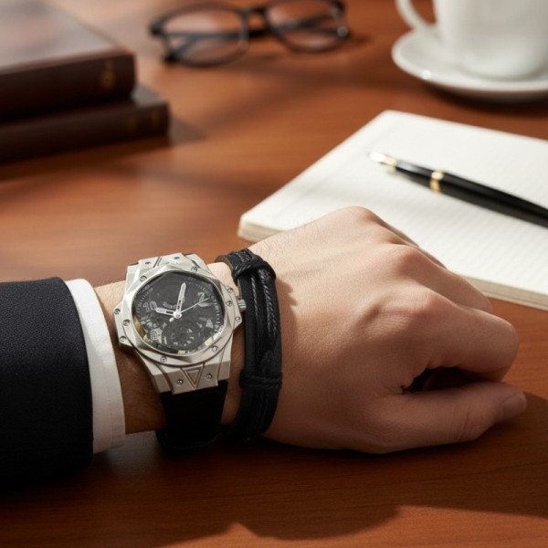 Мъжки подаръчен комплект – стилен часовник и черна гривна