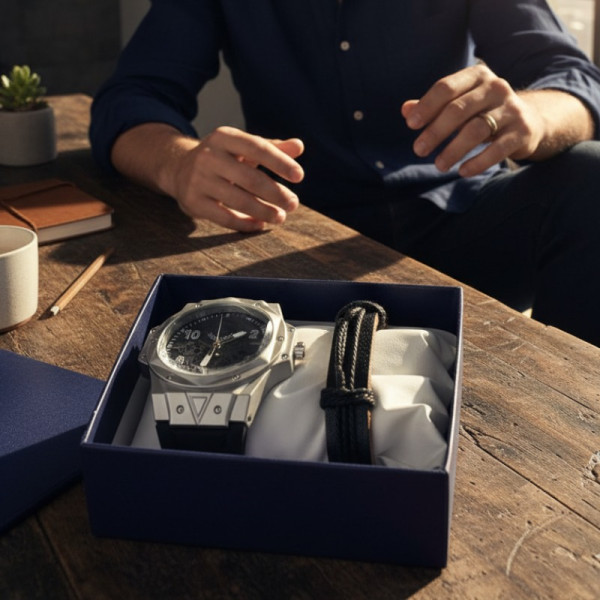 Мъжки подаръчен комплект – стилен часовник и черна гривна