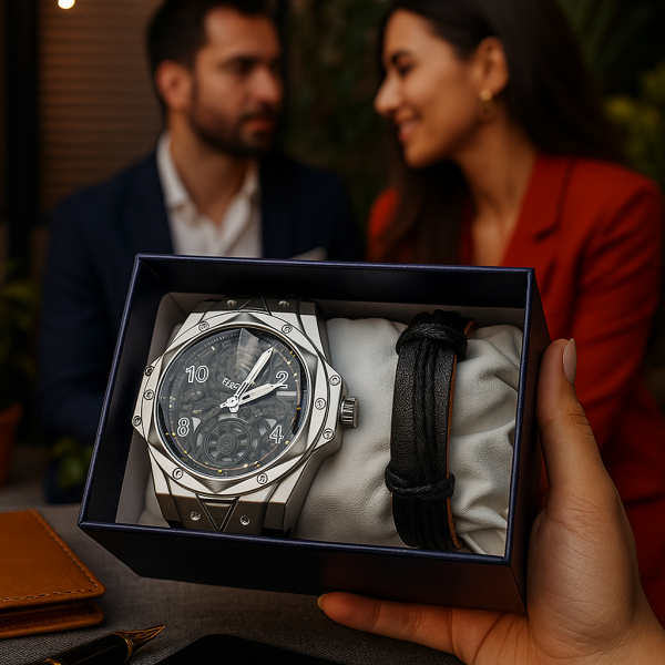 Мъжки подаръчен комплект – стилен часовник и черна гривна