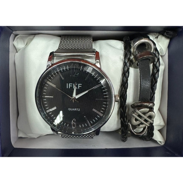 Мъжки комплект – кварцов часовник с метална верижка и стилна гривна в подаръчна кутия 8