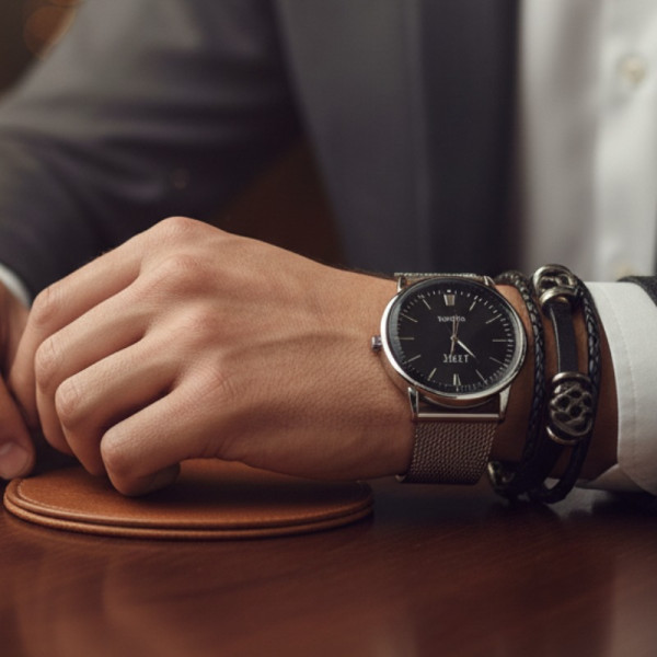 Мъжки комплект – кварцов часовник с метална верижка и стилна гривна в подаръчна кутия