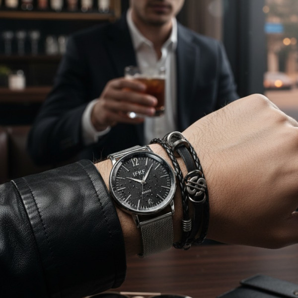 Мъжки комплект – кварцов часовник с метална верижка и стилна гривна в подаръчна кутия