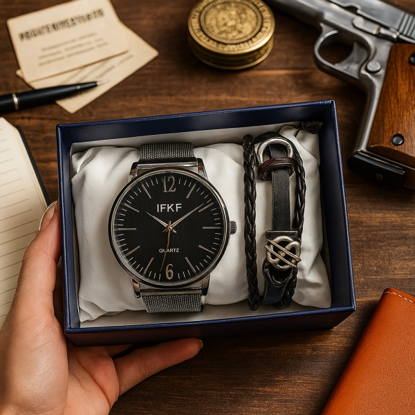 Мъжки комплект – кварцов часовник с метална верижка и стилна гривна в подаръчна кутия 4
