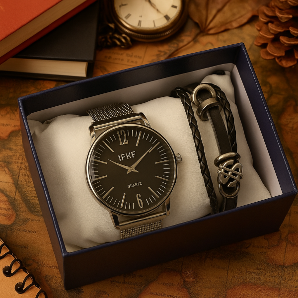 Мъжки комплект – кварцов часовник с метална верижка и стилна гривна в подаръчна кутия 5
