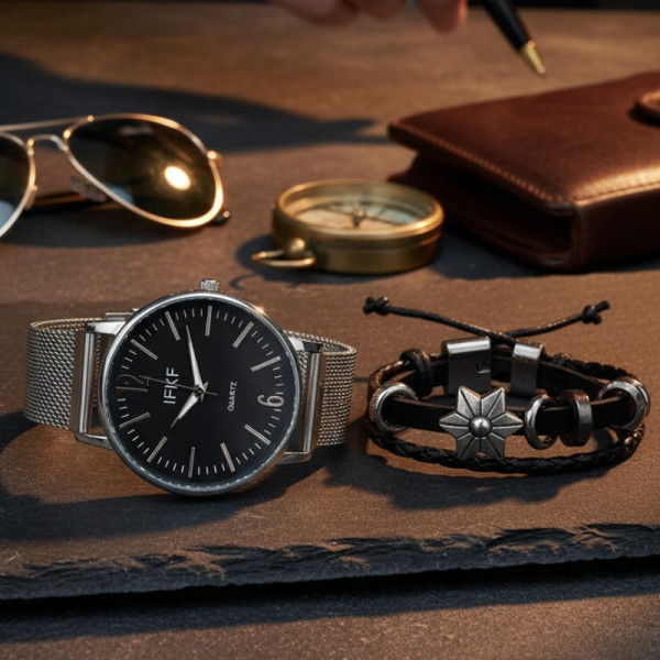 Мъжки комплект – кварцов часовник с метална верижка и стилна гривна в подаръчна кутия 6