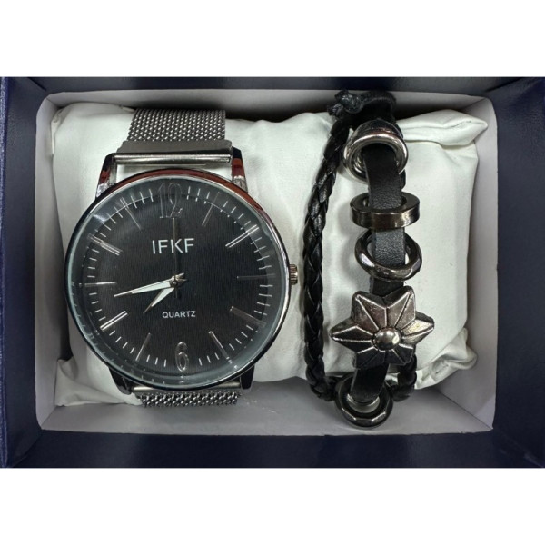 Мъжки комплект – кварцов часовник с метална верижка и стилна гривна в подаръчна кутия 9