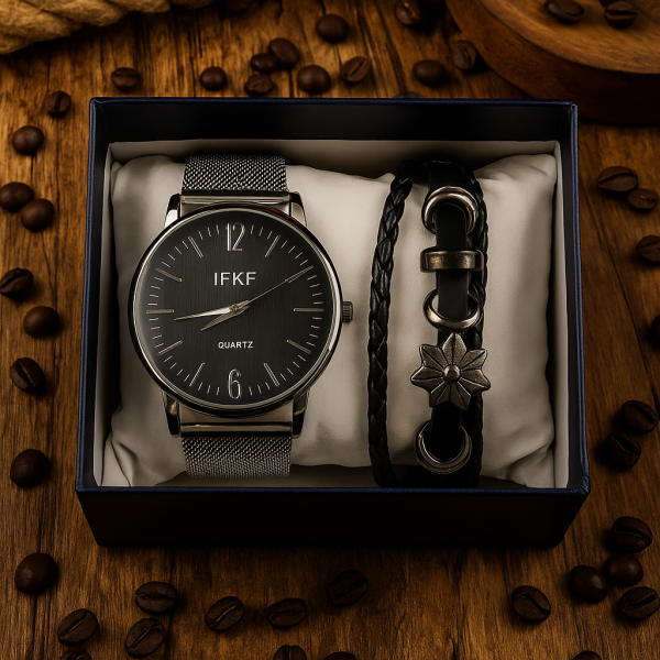 Мъжки комплект – кварцов часовник с метална верижка и стилна гривна в подаръчна кутия 7