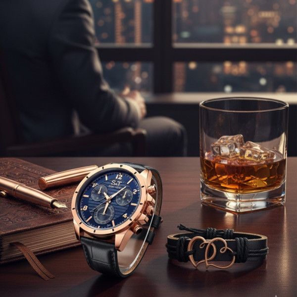 Мъжки часовник S&T Seek Time с кожена гривна – подаръчен комплект 1