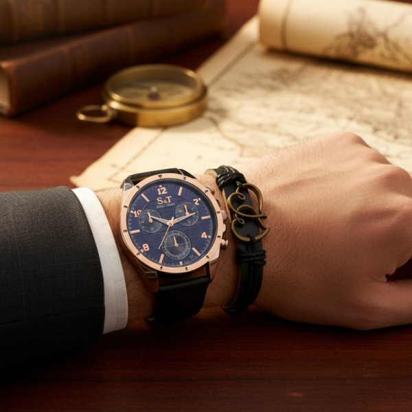 Мъжки часовник S&T Seek Time с кожена гривна – подаръчен комплект 2