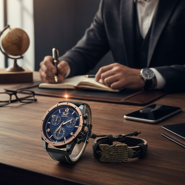 Мъжки часовник S&T Seek Time с кожена гривна – подаръчен комплект 4