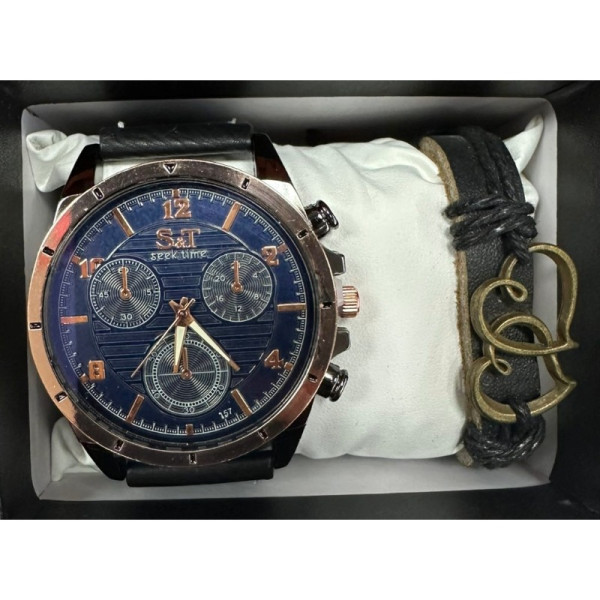 Мъжки часовник S&T Seek Time с кожена гривна – подаръчен комплект