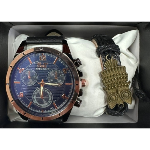 Мъжки часовник S&T Seek Time с кожена гривна – подаръчен комплект