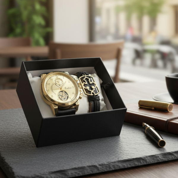 Елегантен мъжки комплект – часовник с черна каишка и гривна с метален щит 1