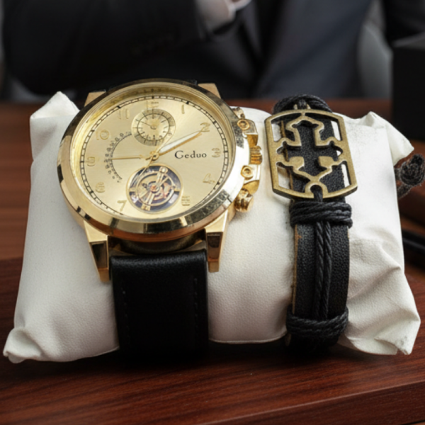 Елегантен мъжки комплект – часовник с черна каишка и гривна с метален щит