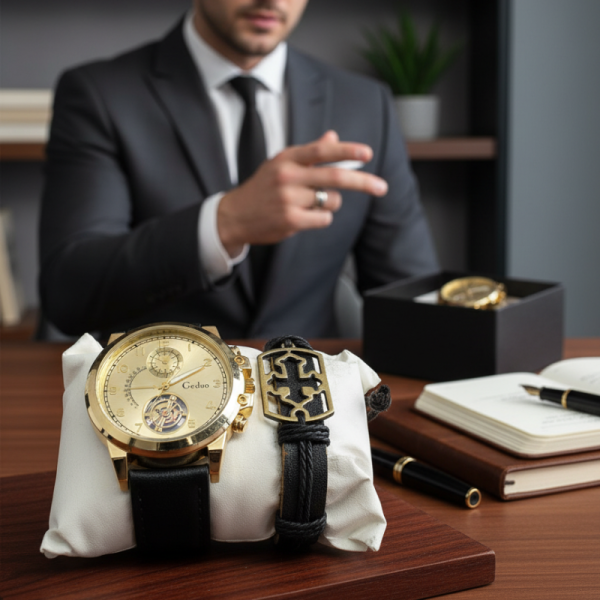 Елегантен мъжки комплект – часовник с черна каишка и гривна с метален щит 2