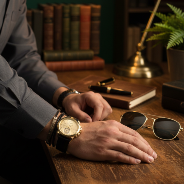 Елегантен мъжки комплект – часовник с черна каишка и гривна с метален щит