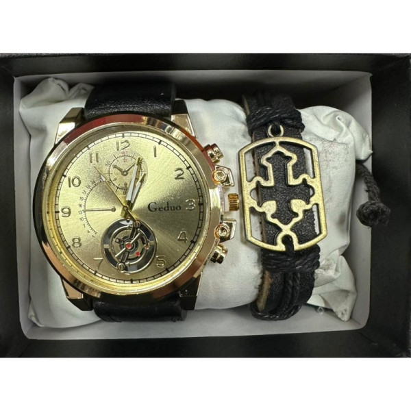 Елегантен мъжки комплект – часовник с черна каишка и гривна с метален щит 10