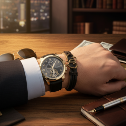 Елегантен мъжки комплект – часовник с черна каишка и гривна с метален щит