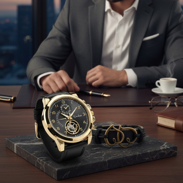 Елегантен мъжки комплект – часовник с черна каишка и гривна с метален щит