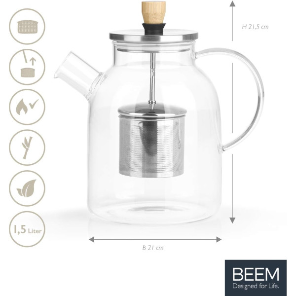 Стъклена кана за чай BEEM с вграден цедка-филтър – 1 литър, боросиликатно стъкло