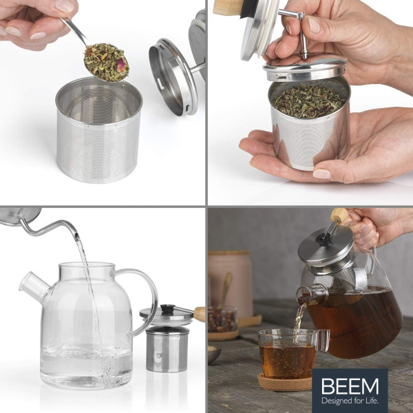 Стъклена кана за чай BEEM с вграден цедка-филтър – 1 литър, боросиликатно стъкло