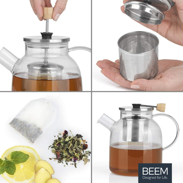 Стъклена кана за чай BEEM с вграден цедка-филтър – 1 литър, боросиликатно стъкло