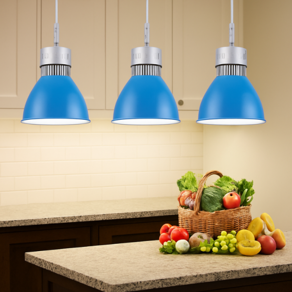 LED висяща лампа DL219B – 30W топла светлина за плотове, острови и витрини (Ø250×H280 мм, синя)