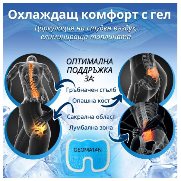 Ергономична възглавница за седене с гел и мемори пяна – U-форма за опашна кост, 45×35×7 см, свалящ се калъф