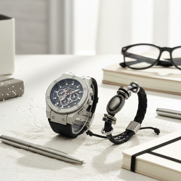 Стилен мъжки подарък – часовник и гривна в комплект