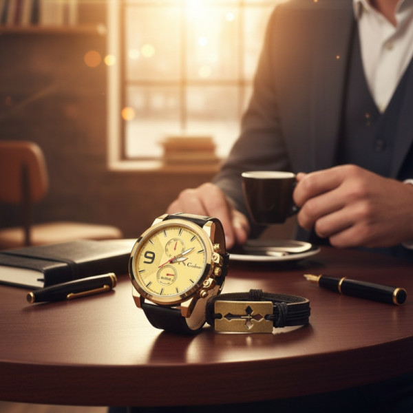 Мъжки комплект Geduo – елегантен часовник със златист циферблат и кожена гривна в подаръчна кутия 1