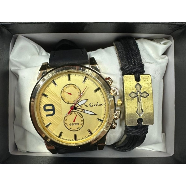 Мъжки комплект Geduo – елегантен часовник със златист циферблат и кожена гривна в подаръчна кутия 6