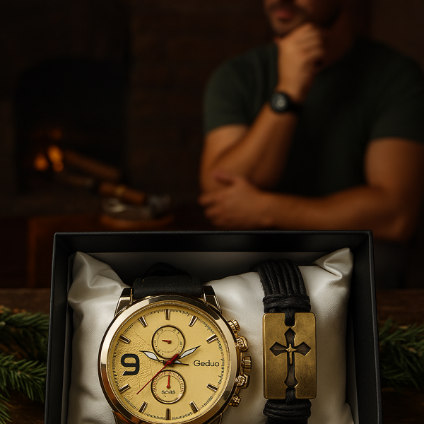 Мъжки комплект Geduo – елегантен часовник със златист циферблат и кожена гривна в подаръчна кутия