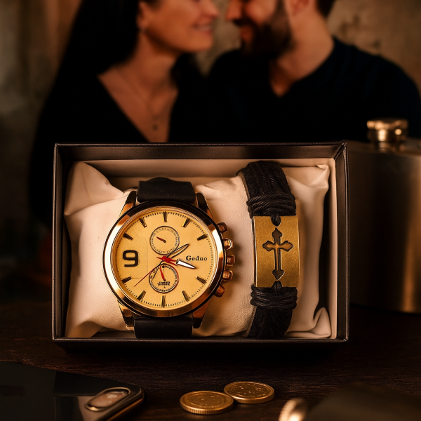 Мъжки комплект Geduo – елегантен часовник със златист циферблат и кожена гривна в подаръчна кутия 3